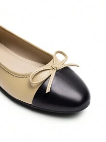 Women's Flats Round Toe Ballet Bow Fashionable And Comfortable Slip-On College School Casual Party Dance Colorblock Flat Shoes - 杏色 - 查看 6