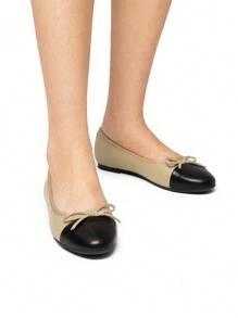 Women's Flats Round Toe Ballet Bow Fashionable And Comfortable Slip-On College School Casual Party Dance Colorblock Flat Shoes - 杏色 - 查看 2