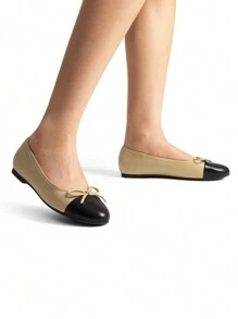 Women's Flats Round Toe Ballet Bow Fashionable And Comfortable Slip-On College School Casual Party Dance Colorblock Flat Shoes - 杏色 - 查看 3