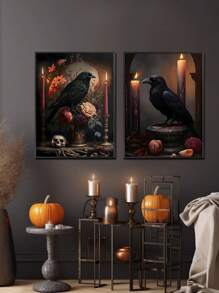 2 件无框帆布海报，复古动漫鸟类艺术，黑乌鸦，蜡烛古典艺术油画海报，卧室、客厅、餐厅、酒店、书房、走廊、办公室、咖啡厅、宿舍、墙壁艺术、墙壁装饰、家居装饰、房间装饰帆布画的理想礼物 - 彩色 - 查看 2