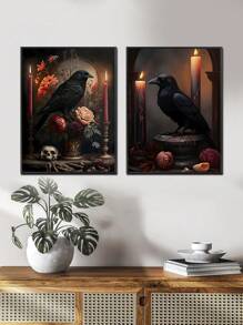 2 件无框帆布海报，复古动漫鸟类艺术，黑乌鸦，蜡烛古典艺术油画海报，卧室、客厅、餐厅、酒店、书房、走廊、办公室、咖啡厅、宿舍、墙壁艺术、墙壁装饰、家居装饰、房间装饰帆布画的理想礼物 - 彩色 - 查看 4