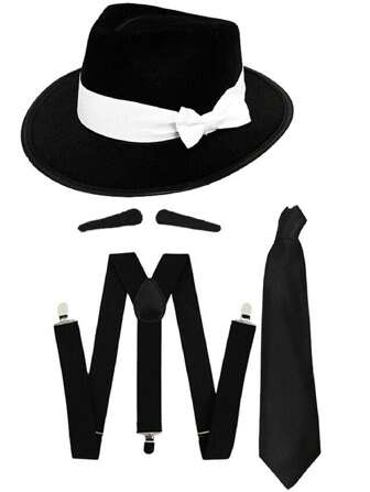I LOVE FANCY DRESS 4pcs/6pcs Mens Al Capone Accessory Kit Mafia Fancy Dress Costume Gang Trilby Hat Tie Suspenders Spiv Moustache Great Gatsby Party 1920s Cosplay