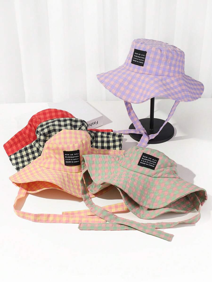 1pc Checkered Breathable Wide Brim Lace-Up Retro Bucket Hat, Large Brim UV Protection Sun Hat For Spring & Summer - Multicolor - View 1