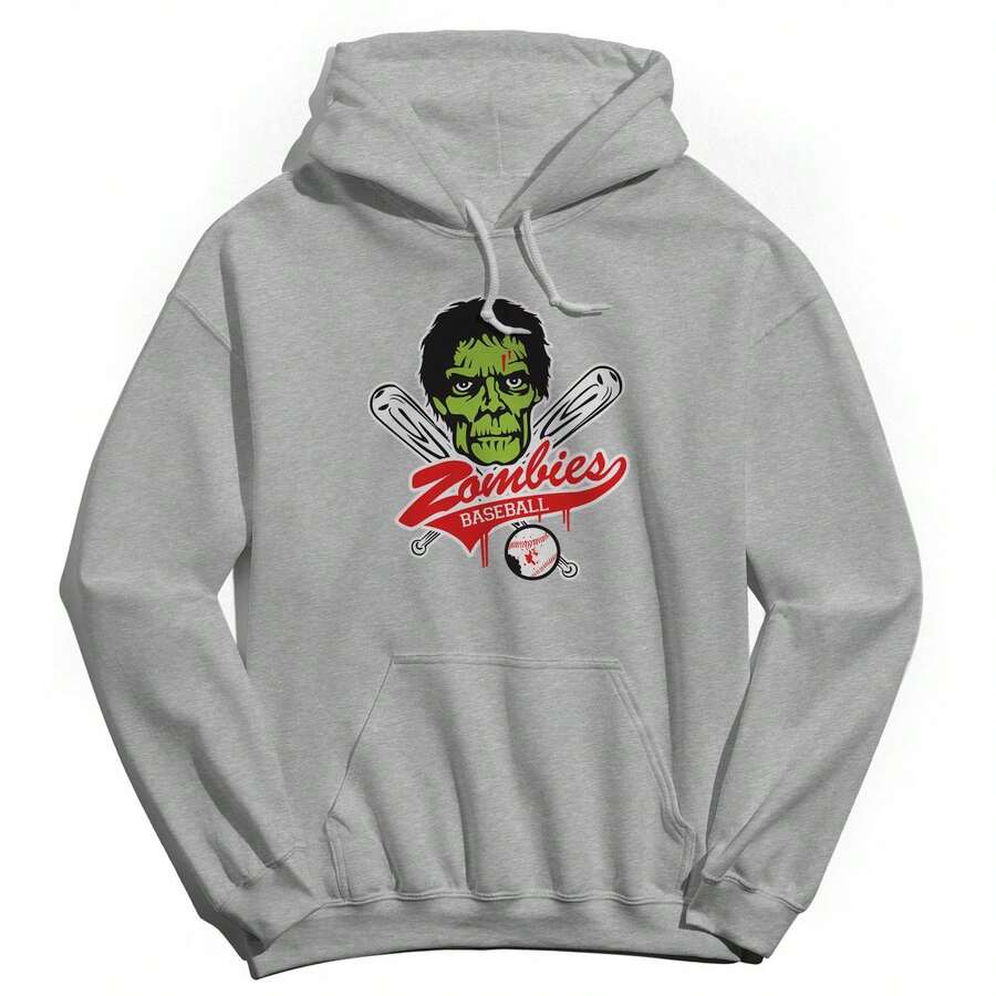 Nearly There Zombies Baseball Halloween Fall Unisex Graphic Cotton Sweatshirt Hoodie - Light Grey - View 1