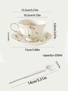 1 set Taza de café y platillo de cerámica con estampado floral, taza de cerámica delicada con diseño floral estilo francés vintage para té de la tarde, cuchara con forma de tulipán, regalo de cumpleaños/anfitrión de alta gama