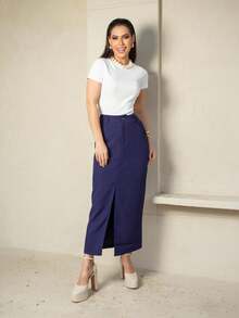 LONG SKIRT WITH SLIT IN THE FRONT - 藏蓝色 - 查看 3