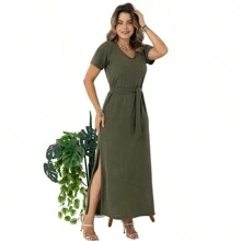 Long Dress In Ribbed Knit With Slim Belt 30824A - 綠色 - 查看 3