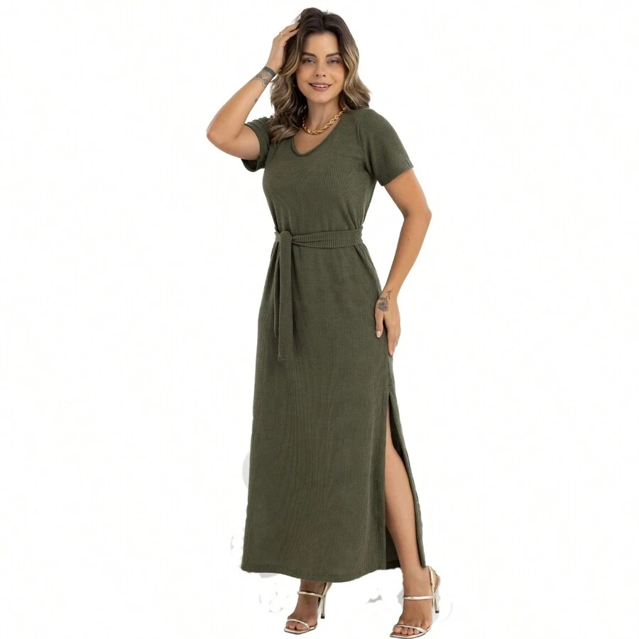 Long Dress In Ribbed Knit With Slim Belt 30824A - 綠色 - 查看 1
