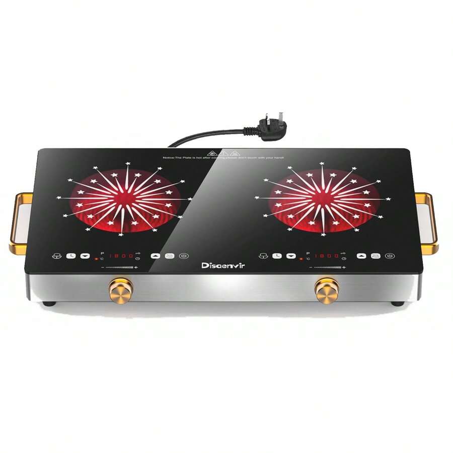 Disaenvir Portable Ceramic Hob 2 Zone, 3200W Plug In Electric Hob With Lock & Knobs & Touch Control, 56cm Built-In Cooktops For Hot Pot With Dual Zone, 9 Power Levels, 4 Hour Timer, 220-240V - Negro - Ver 1