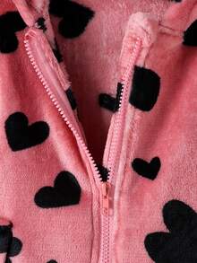 Young Girls Heart Print Fleece Hooded Jacket With Pockets, Pink - Pink - View 5