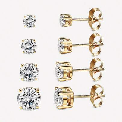 925 纯银金耳钉套装 | 14k 镀金防过敏耳钉 | 方晶锆石耳钉，适合女士女孩男士（3 毫米、4 毫米、5 毫米、6 毫米）
