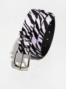 1pc Women's Square Buckle Retro Zebra Stripe Leather Belt, Suitable For Autumn & Winter Daily Wear Halloween Summer, School Fall, Autumn, Halloween - Black and White - View 4