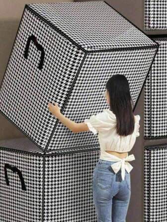 1pc Non-Woven Fabric Wardrobe Storage Bag, With Zipper, Large Capacity, Waterproof, Anti-Mold, Anti-Moisture, Foldable, Grid Pattern