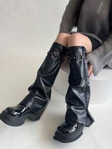 1双哥特风皮革拉链腿套，紧身裤袜，朋克靴套，女士款，舒适保暖 - 黑色 - 查看 2