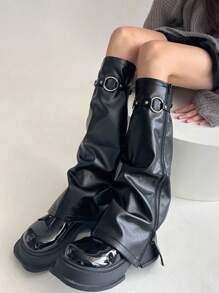 1双哥特风皮革拉链腿套，紧身裤袜，朋克靴套，女士款，舒适保暖 - 黑色 - 查看 4