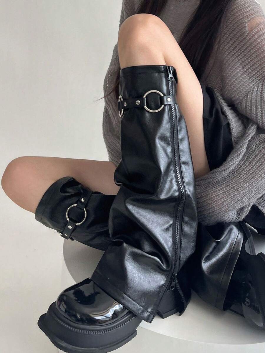 1双哥特风皮革拉链腿套，紧身裤袜，朋克靴套，女士款，舒适保暖 - 黑色 - 查看 1
