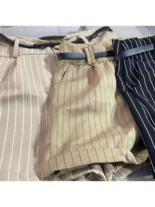 Women's Striped Tailored Shorts With Belt - 摩卡棕 - 查看 1