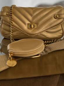 Baguette And Crossbody Bag With 2 In 1 Strap With Coin Case Fashion Pu With Metal Lock With Chain