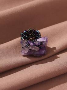 1pc Bohemian Style Beaded Wide Band Adjustable Ring With Natural Stone For Women, Stone Color And Size May Vary Slightly - Purple - View 2