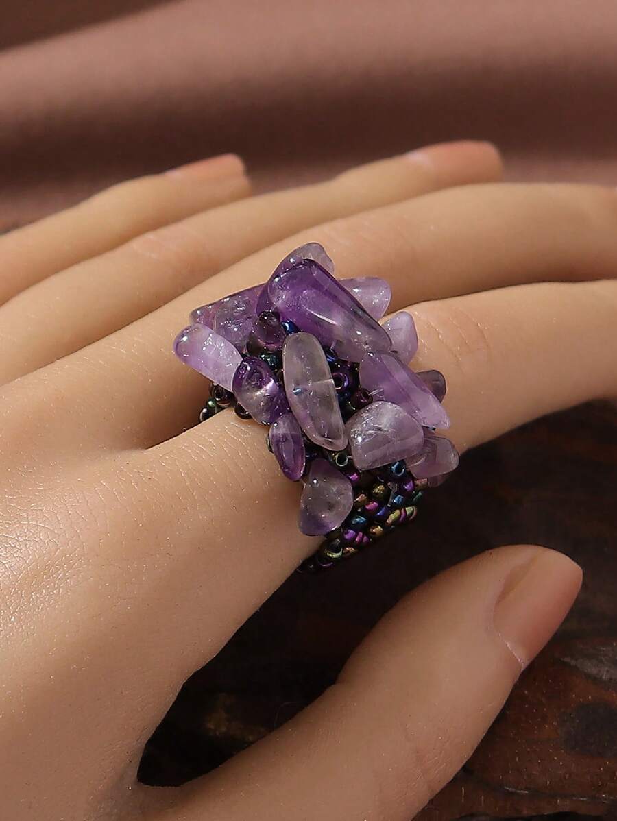 1pc Bohemian Style Beaded Wide Band Adjustable Ring With Natural Stone For Women, Stone Color And Size May Vary Slightly - Purple - View 1