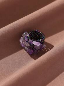 1pc Bohemian Style Beaded Wide Band Adjustable Ring With Natural Stone For Women, Stone Color And Size May Vary Slightly - Purple - View 6