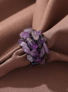 1pc Bohemian Style Beaded Wide Band Adjustable Ring With Natural Stone For Women, Stone Color And Size May Vary Slightly - Purple - View 4
