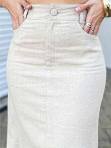 EMILI LULU RUN2 Women's Viscolino Veridiana Midi Skirt With Front Slit And 1 Button At The Waist - 米色 - 查看 2