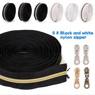 1 Set = 4.5M/177.16inch Zipper + 10pcs Zipper Pulls, Available In 1/2/4 Sets, #5 Nylon Coil Zippers In Black, White, Gold, Silver, Bronze, Colorful Teeth, Suitable For Garments, Bags, Backpacks Etc.
