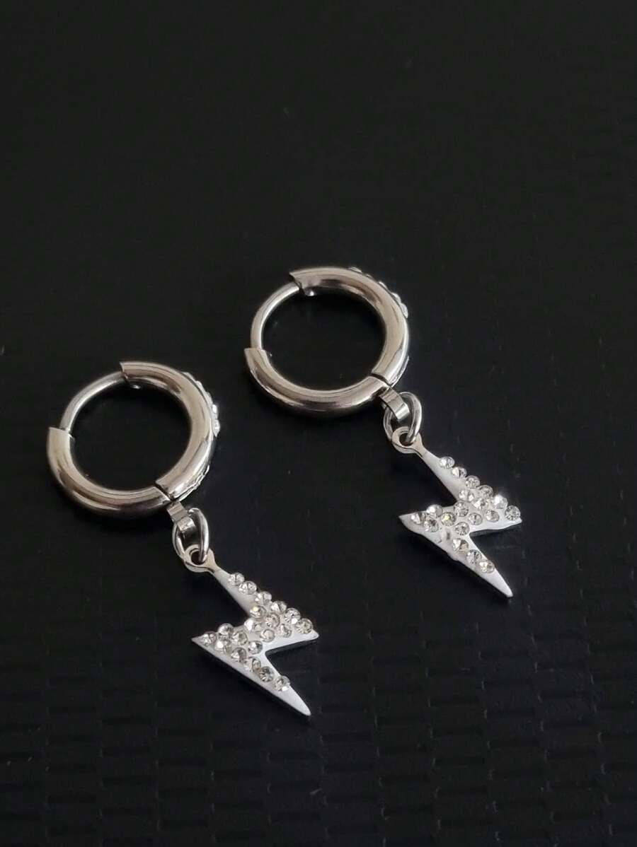 Thin Hoop Earring With Lightning Bolt Pendant Studded In Zirconia - Stainless Steel - 銀色 - 查看 1