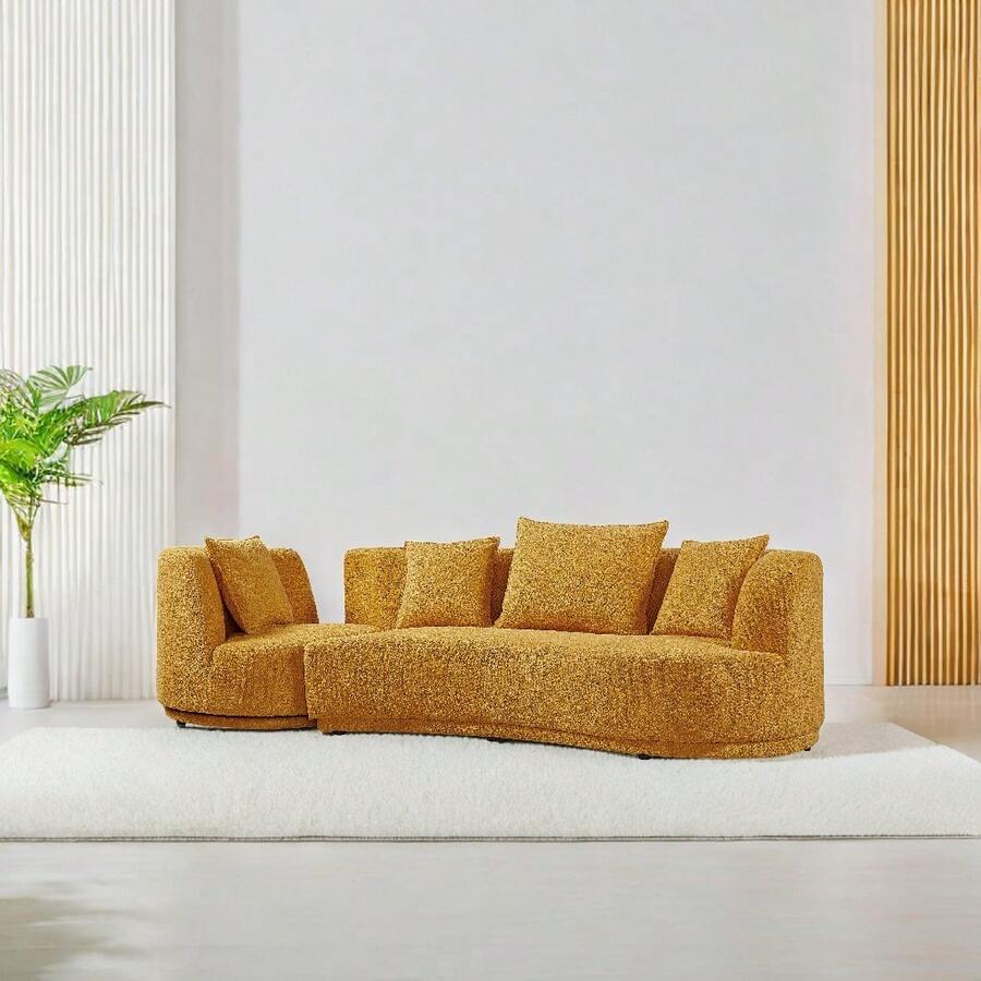 110" Cloud Curved Sofa For Living Room Mid-Century Sofa With 360 Degree Swivel Chair 4 Throw Pillows Comfy Boucle Couch, Luxury 4-Seat Leisure Deap Seat Sectional Sofa Yellow - 黃色 - 查看 1