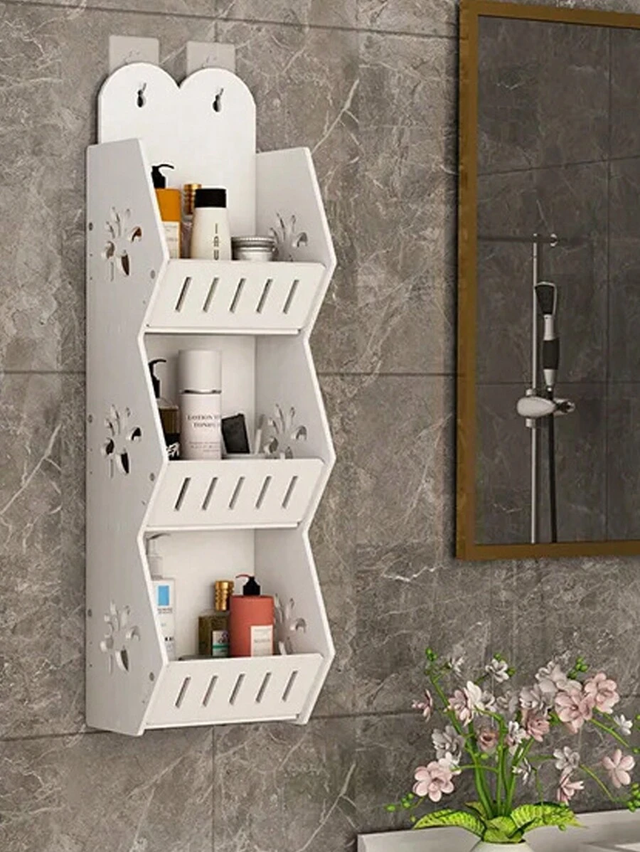 1 Kệ treo tường phòng tắm không cần khoan, đựng sữa tắm và mỹ phẩm, kệ đựng đồ 2 tầng có móc, trang trí nhà cửa, phụ kiện phòng tắm mùa thu, phụ kiện phòng tắm cho năm học mới - trắng - Xem 1