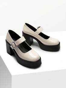 Women's High Chunky Platform Pumps Round Toe High Heel Mary Janes Party Prom Versatile School Style Shoes - 白色 - 查看 1