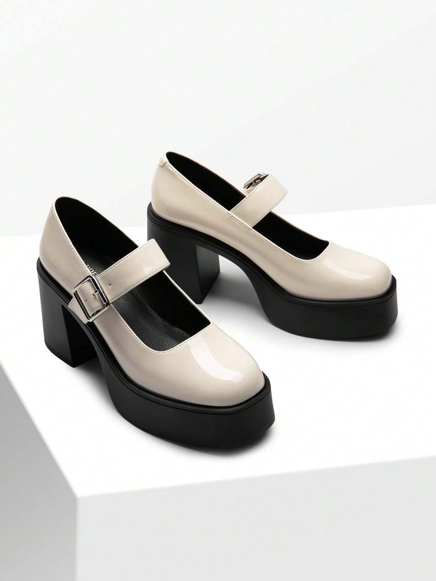 Women's High Chunky Platform Pumps Round Toe High Heel Mary Janes Party Prom Versatile School Style Shoes - 白色 - 查看 1