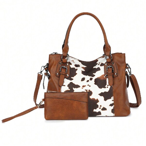 2PC Set Purses Tote Bag For Women, Handbags PU Leather Large Shoulder Bag, Cow Pattern Work Bags With Multi-Pockets, Designer Hobo Satchel, Christmas Gift, Casual Cow Print Pattern Purse For Women