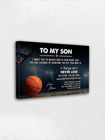 一幅装裱帆布墙画海报，送给儿子，画中描绘了一个篮球和母亲的鼓励寄语，非常适合激励年轻运动员，并歌颂母子之间的深厚情谊，可直接悬挂。