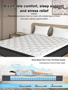 Full Size Mattress, Boxed Memory Foam Hybrid Queen Size Mattress, Individually Pocketed Springs For Breathable Comfort, Sleep Support And Pressure Relief - 黑與白 - 查看 1