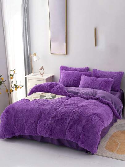 3pcs Purple Mink Plush Soft & Cozy Duvet Cover Set, Suitable For Bedroom & Guest Room