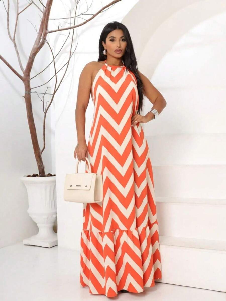 Long Zig Zag Striped Halter Dress - trái cam - Xem 1