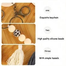 1 chiếc Thẻ gỗ tròn tùy chỉnh, Móc khóa tua rua & hạt phong cách Bắc Âu được cá nhân hóa, Mặt dây chuyền trang trí túi xách - Xám - Xem 3