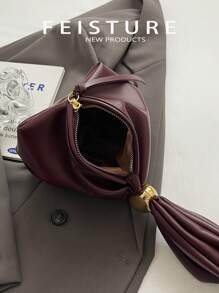 FEISTURE 1 件纯色 PU 皮革手提包，酒红色 Ancora 设计，女士个性化迷你云朵褶皱包，金属装饰拉链封口，适合日常和户外使用