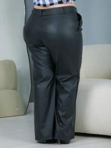 'S PLUS SIZE LEATHER FLARE PANTS - 黑色 - 查看 2
