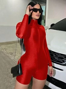 Women's Zipper Closure Jumpsuit With Long Sleeves - Red - View 4