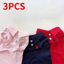 3 piezas Conjunto de camisa polo lisa con chaleco bordado para mascotas, primavera y verano