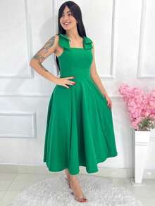 Women's Midi Dress With Bow On The Straps Elegant Look - 綠色 - 查看 3