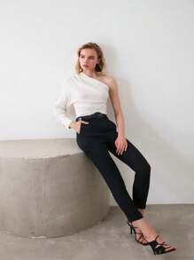 Women High Waist Black Cigarette Trousers Black Causal Pant - 黑色 - 查看 1