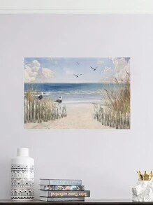 1 张带框帆布墙艺术海报，描绘宁静的海滩场景，有海鸥、温柔的海浪和宁静的天空，非常适合为任何房间增添海岸魅力和宁静，可直接悬挂 - 彩色 - 查看 4