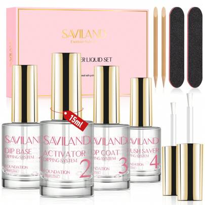SAVILAND Saviland 15 ml/0,52 oz Set di polveri da immersione Sistema di cipria da immersione da 10 pezzi con fondotinta in polvere/Top Coat/Attivatore/Salva pennelli/Lima per unghie Strumenti necessari per Set di unghie in polvere da immersione Unghie French