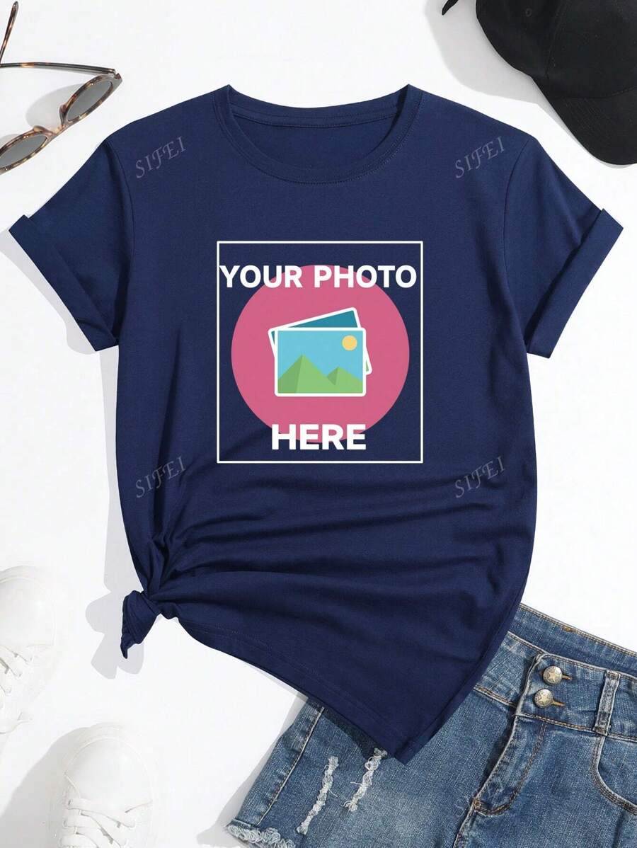 T-shirt à col ras-du-cou à manches courtes et imprimé graphique de base personnalisable pour femmes