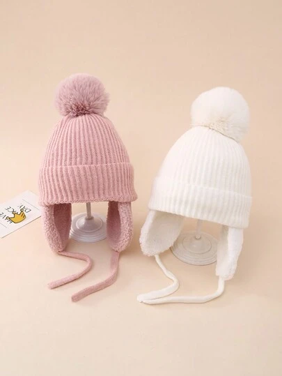 1pc Solid Color Thermal Lined Knit Earflap Hat, Children Outdoor Cycling Cap Winter Warm Beanie