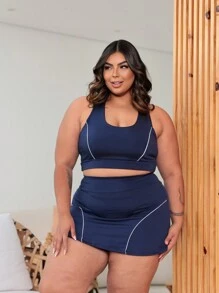 Top + Shorts Skirt Set Workout Gym Plus Size Women's Clothing - 藏蓝色 - 查看 5